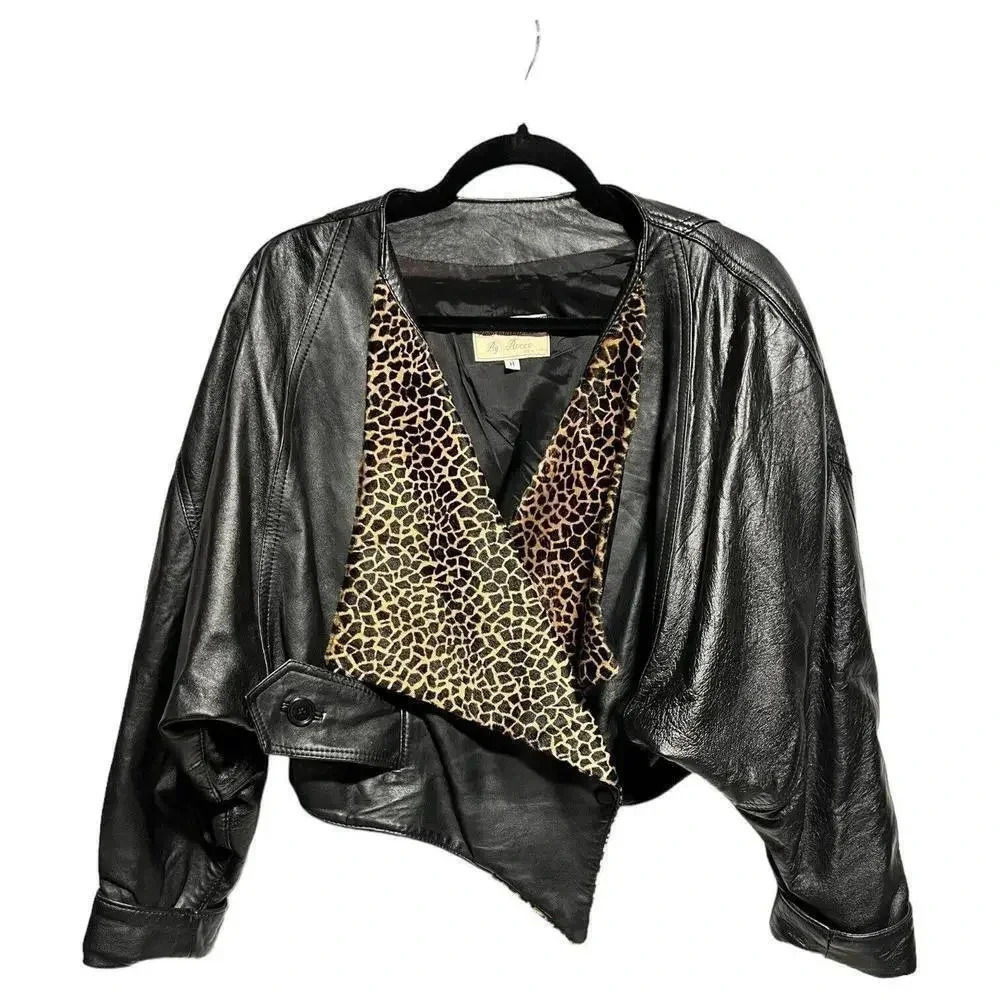 Giovinezza Moda Rocco D’Amelio BLACK LEATHER 80s Jacket Leopard Calf Hair Size M
